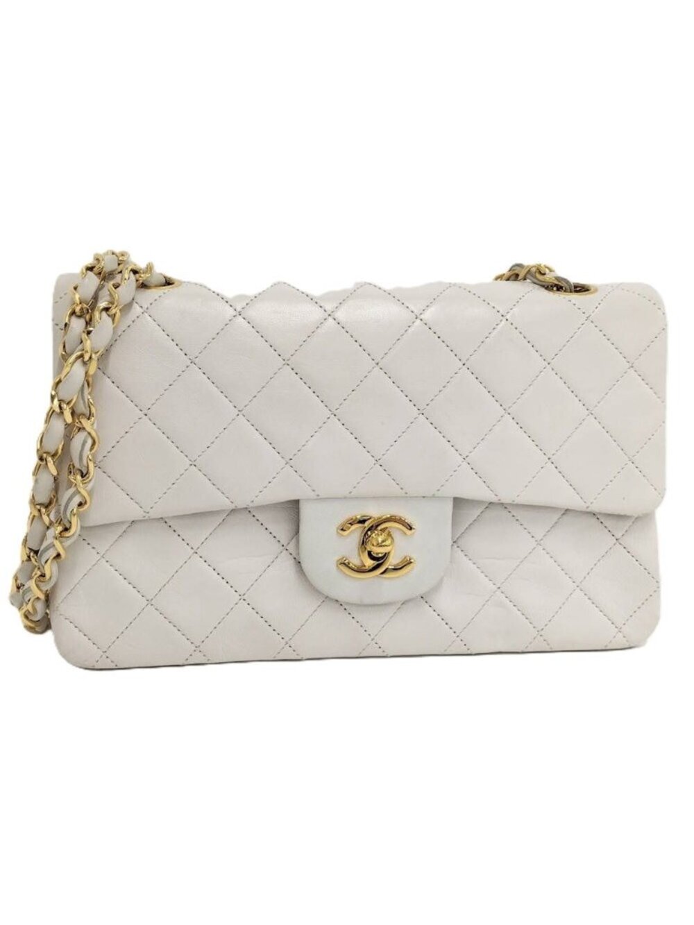 Chanel Quilted 23 Chain Shoulder Bag Double Flap Gold Leather White